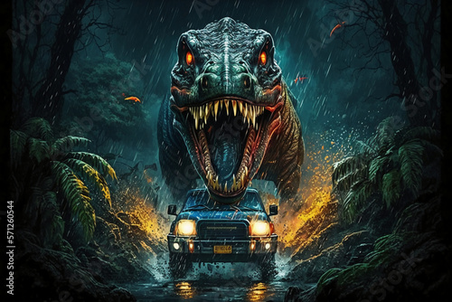 Dinosaur T Rex chases a Jeep car down a road Generative AI