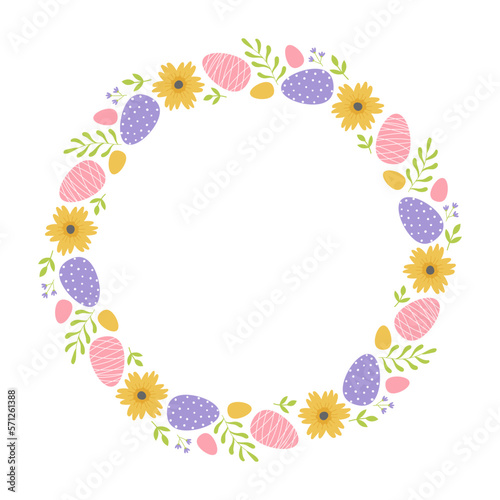 Colorful frame with flowers, leaves and easter eggs. Design element for greeting card, invitation, poster, social media 