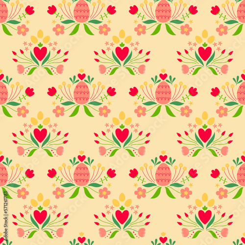 Easter seamless pattern with colored egg and flowers. Background for poster, greeting card, invitation or postcard.