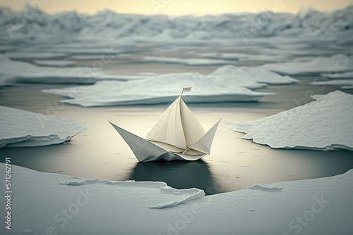 A lone paper boat, slowly drifting on a sea of white, as if carried by an unseen current - Generative AI
