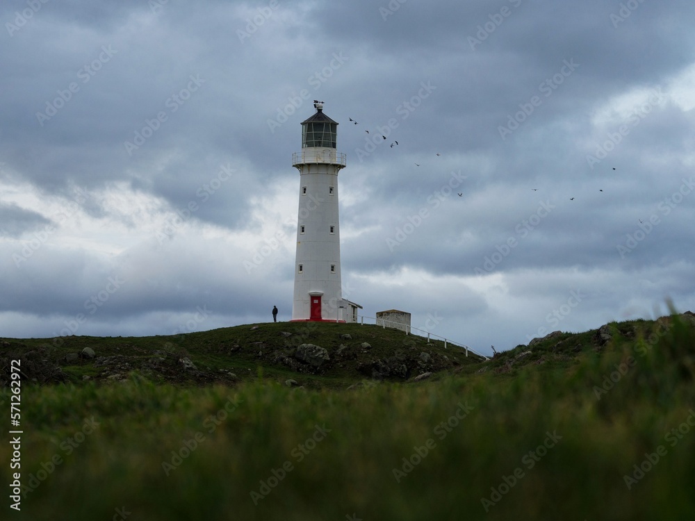 Low angle green grass shot of tall white Cape Egmont Lighthouse on cloudy day in South Taranaki North Island New Zealand