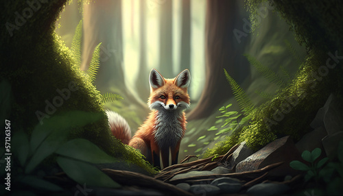 An cute little fox in forest alone Ai generative image