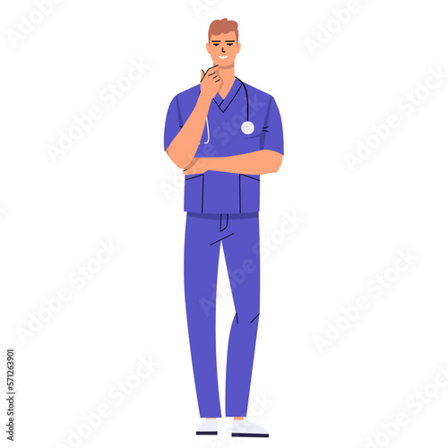 Male nurse standing and thinking. A doctor with a stethoscope and wearing scrubs. A medical worker dreams, makes plans, makes decisions. The character is isolated on a white background. Flat vector.