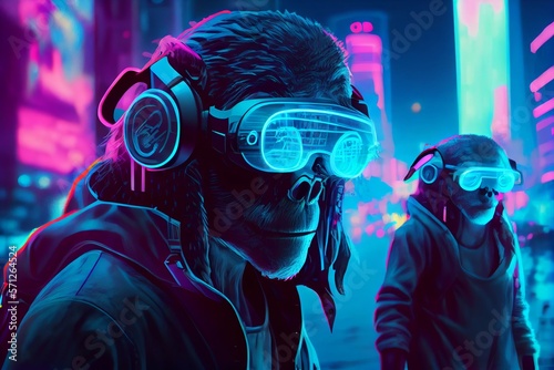 Cyber punk chimpanzees in augmented reality vr glasses in a neon-lit city, Avatar technology, meta universes. Generative AI