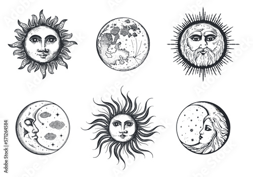 Set of moon and sun vector illustration. 