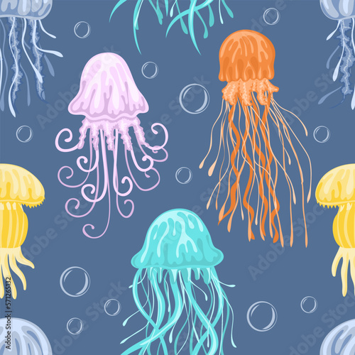 Seamless pattern with colorful jellyfishes. Marine dwellers. Concept of sea and ocean life. Modern print for fabric, textiles, wrapping paper. Vector illustration