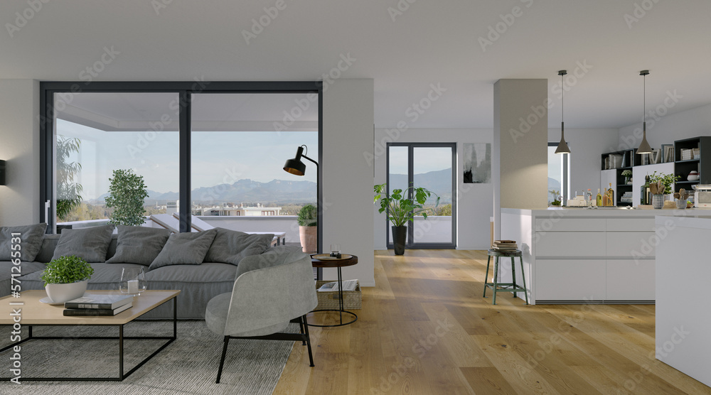 Fototapeta premium Modern luxury Penthouse apartment in downtown with mountain view outside