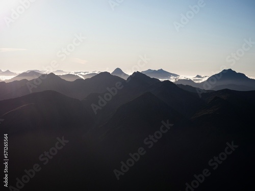 Alpine mountain silhouette layers nature landscape panorama from Brewster Hut West Coast Otago Southern Alps New Zealand