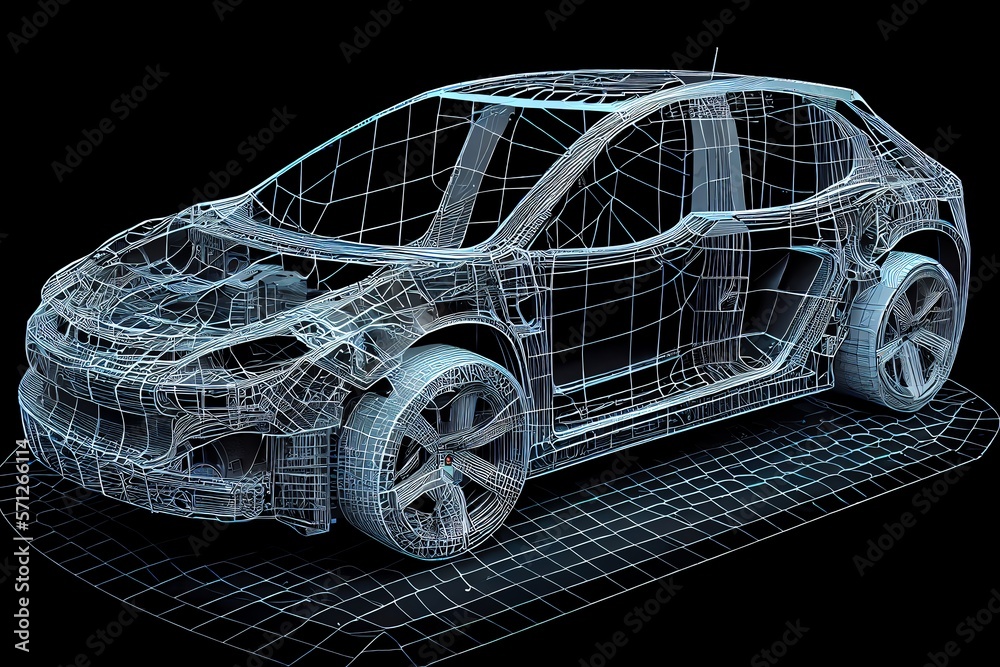 Naklejka premium Virtual simulation of future electric car showing wireframe prototype model blueprint in display for factory manufacturing. Sublime image. Generative AI