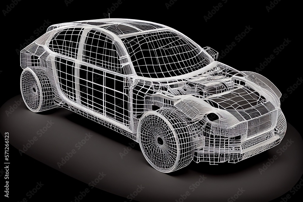 Fototapeta premium Virtual simulation of future electric car showing wireframe prototype model blueprint in display for factory manufacturing. Sublime image. Generative AI