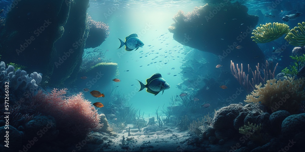 Underwater sea scene of schooling fishes swimming in the wild in clear blue water. Generative AI