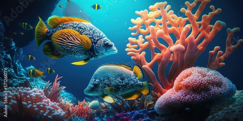 Fototapeta Naklejka Na Ścianę i Meble -  Ocean coral reef underwater. Sea world background with colorful tropical fishes, seaweeds and sea sponge. Generative AI