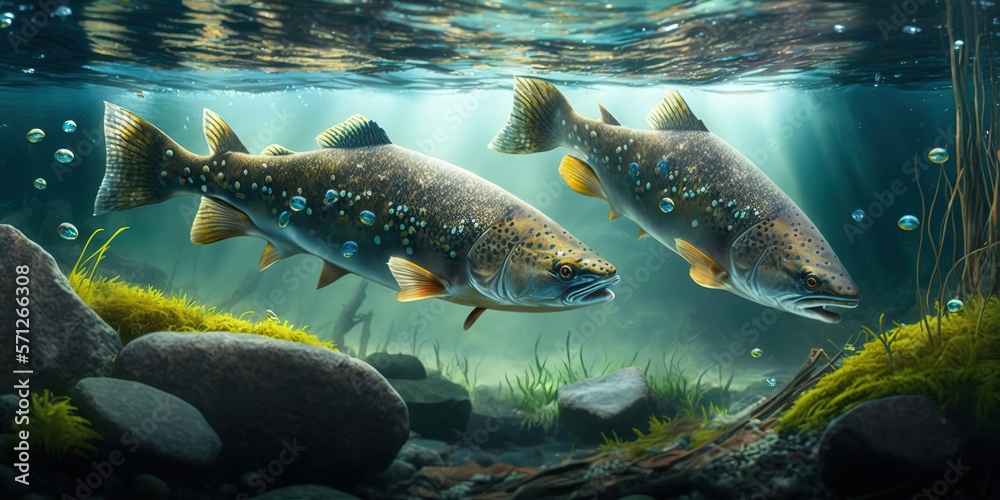 Two trouts in river underwater scene. Close up salmon fishes in