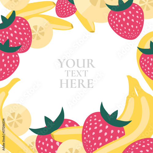 Vector square banner with many big red strawberries, whole bananas, round slices on white background with space for text in the center. Fruit and berry smoothie. Concept for juice packaging design.