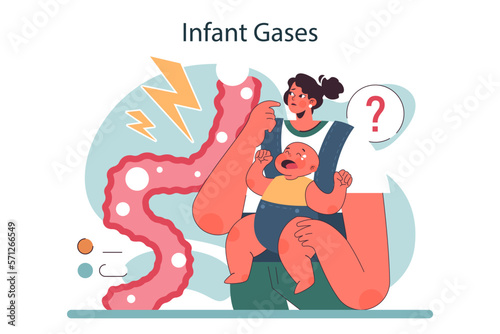 Baby infant crying. Newborn kid suffering from bowel gases. Baby colic,