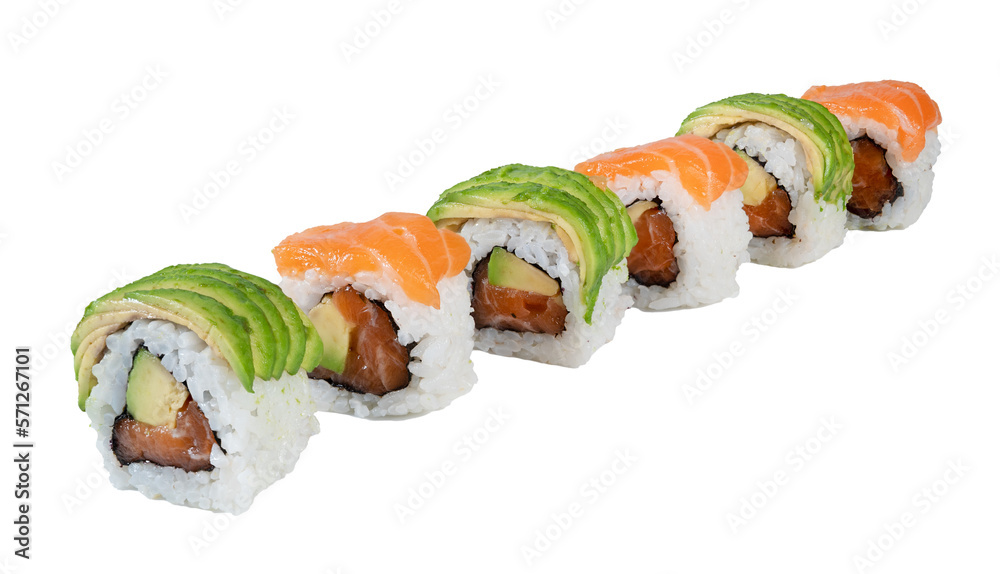 maki sushi tray with salmon and avocado isolated