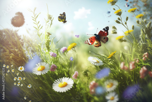 Butterfly flying on the meadow. Spring nature, wild flowers field and blue sky. Generative AI