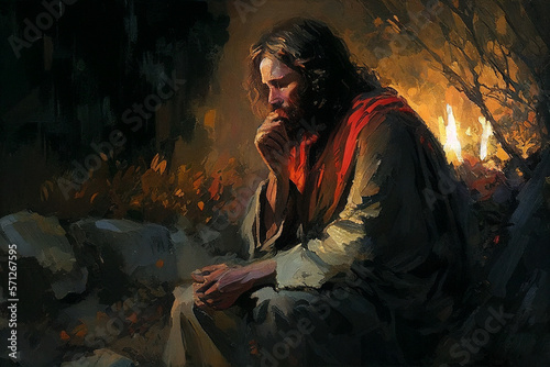 Jesus Christ praying in the garden of Gethsemane before His crucifixion. Oil painting style Christian art photo