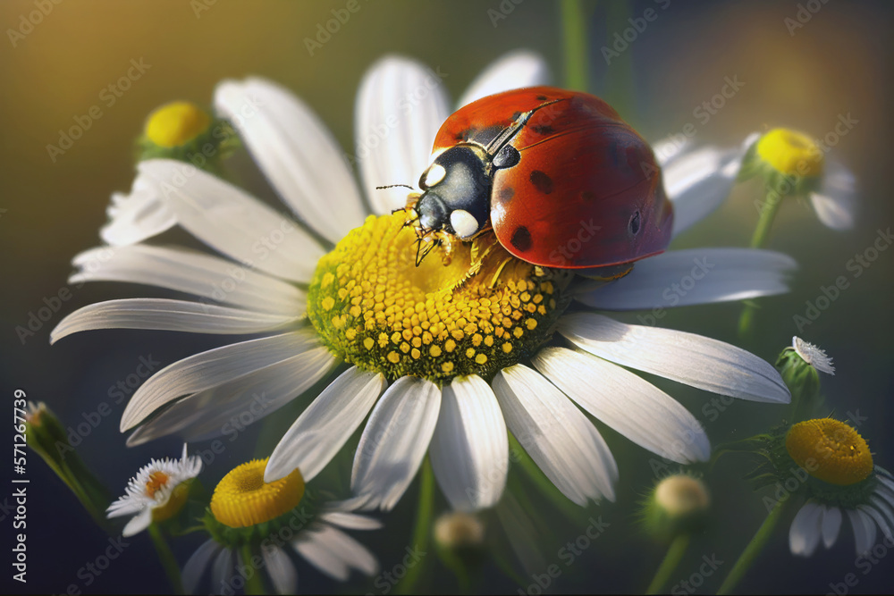 Ladybug on a daisy, close up view. Ladybird  on Spring nature background, Generative AI