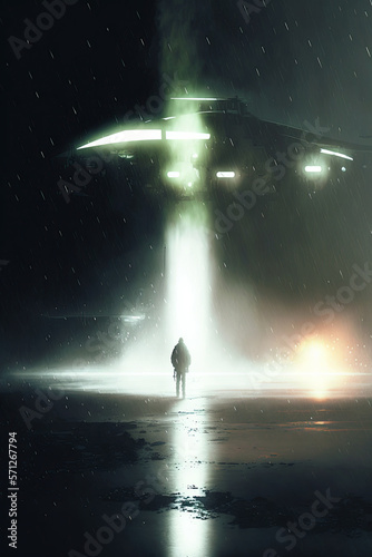 Flying scifi ufo during storm. Ufo. generative ai. Unidentified flying object