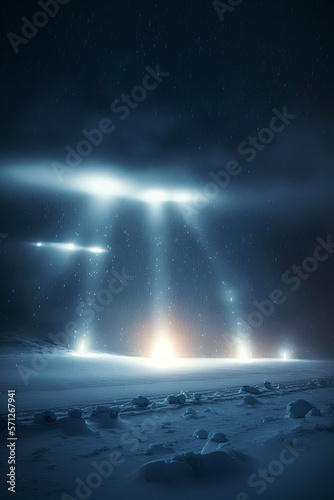 Flying scifi ufo during storm. Ufo. generative ai. Unidentified flying object © Aquir