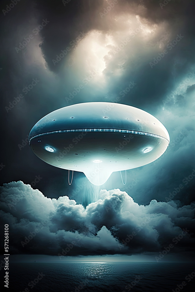 Flying white scifi ufo balloon during storm. Ufo balloon. generative ai. Unidentified flying object Flying white scifi ufo balloon during storm. Ufo balloon. generative ai. Unidentified flying object