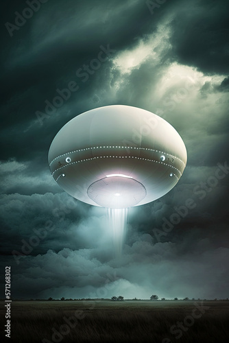 Flying white scifi ufo balloon during storm. Ufo balloon. generative ai. Unidentified flying object