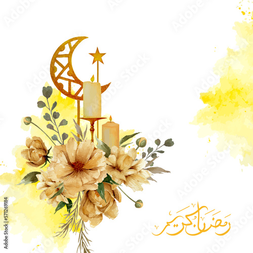 Watercolor Ramadan greeting design illustration, flowers bouquet with candles, golden crescent moon and star ornament for banner, poster and card decoration