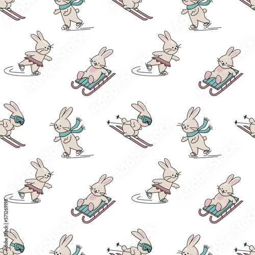 Seamless winter pattern with cute bunnies. Vector color illustration on the white background.