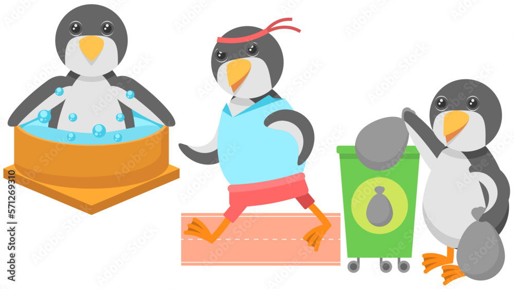 Obraz premium Set Abstract Collection Flat Cartoon Different Animal Penguins Throws Out The Trash, Enjoying In The Jacuzzi, Athlete Running On The Track Vector Design Style Elements Fauna Wildlife