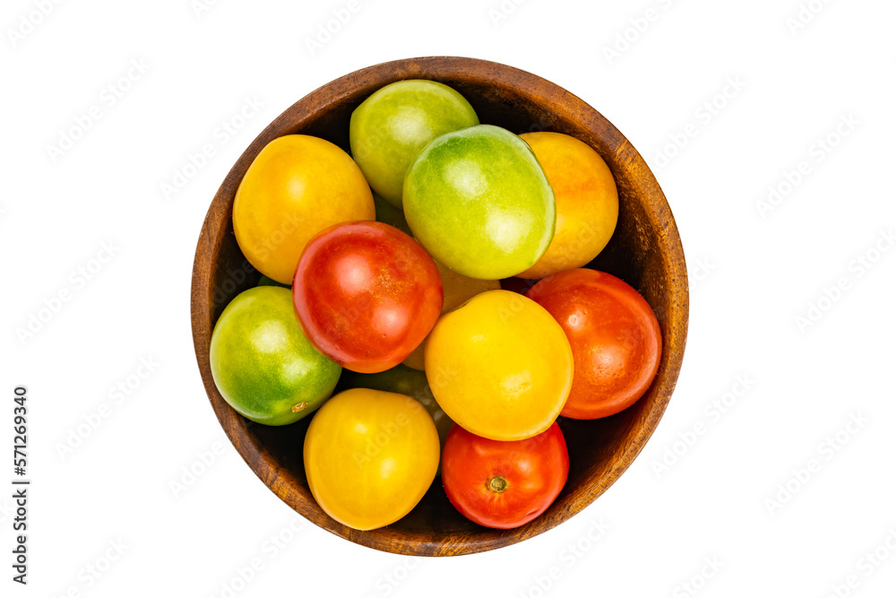 Top view of colorful ripe cherry tomatoes in wooden bowl isolated on white background with clipping path. Top view of colorful ripe cherry tomatoes in wooden bowl isolated on white background with clipping path.