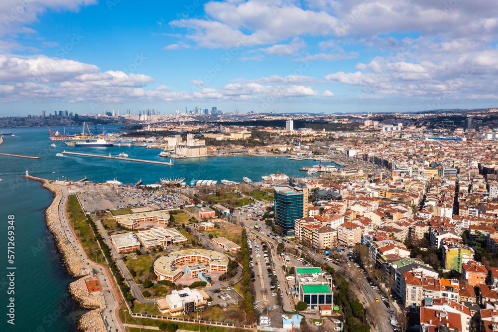 Aerial view from Moda neighborhoods of Kadikoy, a large, populous, and cosmopolitan district in the Asian side of Istanbul, Turkey.