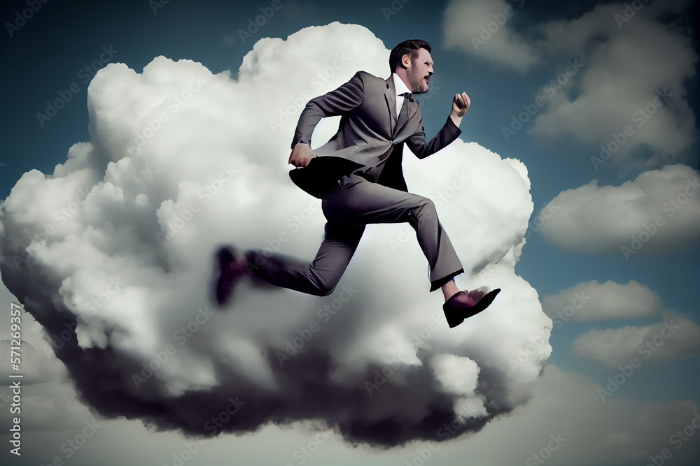 Businessman jumps on a cloud. Generative AI