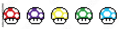 Pixel art 8-bit.Collection of icons related to Mushroom, including icons vector illustrations, Pixel Perfect set.Dotted pop art illustration.Creative Vision Logotype concept.