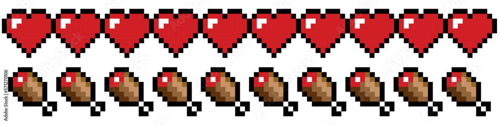 Pixel art 8-bit. Set of health and hunger icons for games, websites, design and more. Vector illustration. Dotted pop art illustration. Creative vision logo concept.