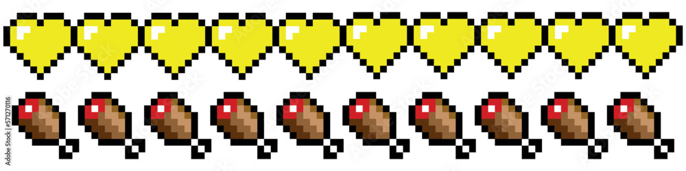 Pixel art 8-bit. Set of health and hunger icons for games, websites, design and more. Vector illustration. Dotted pop art illustration. Creative vision logo concept.