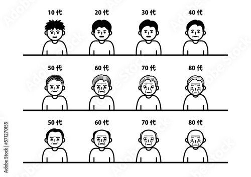 日本人の男性が10歳から80歳に至るまでの線画イラストセット。年齢別で白髪と薄毛の2パターンの老い方。ジェネレーションギャップ素材。
