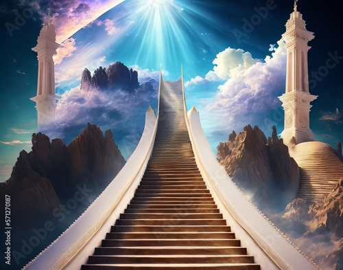 Best Religion Background Stairway to Paradise, Heavenstairs in Sky with Light Effects Illustration Background AI photo