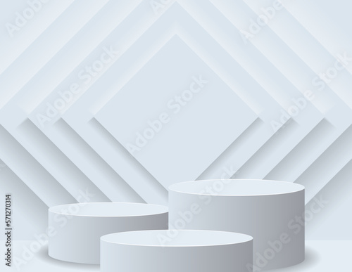 3D podium for product display and the background scene, minimalist style, white and gray tones, circular display stand, studio for product presentation.