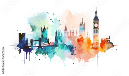 Silhouette London city painted with splashes of watercolor drops landmarks. Generative ai