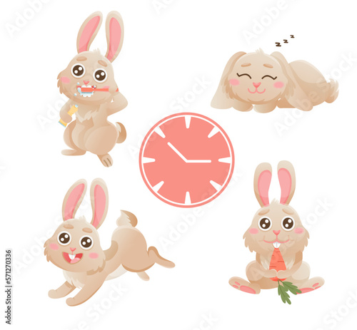 Cartoon rabbits in daily routine. Bunny is sleeping  brushing teeth  walking  playing and eating.
