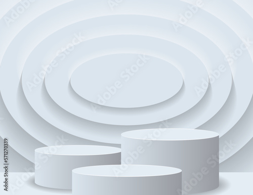 3D podium for product display and the background scene, minimalist style, white and gray tones, circular display stand, studio for product presentation.