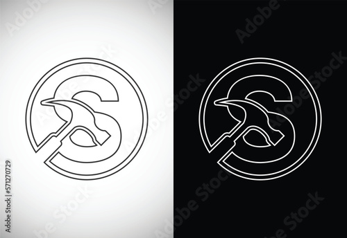 Initial R letter alphabet with a Hammer. Repair, renovation, and construction logo. Line art style logo