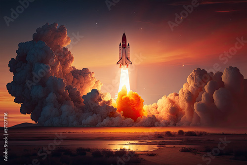 Space shuttle rocket with blast and smoke into space with red planet mars at sunset, Sunset, earth, red, mars, blast, smoke, cloud, astronaut, astronomy, beautiful, challenger, concept, cosmos, dawn,  © Saulo Collado