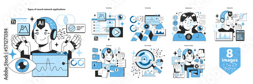 Types of artificial neural network applications set. Self-learning computing