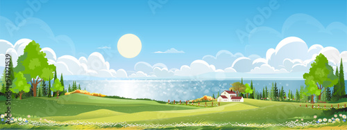 Nature Spring landscape village,Country house,Green Field with Cloud, Blue Sky,Vector horizon Natural rural Countryside with forest tree,Mountains in Sunny day,Cartoon Vector for Spring, Summer banner
