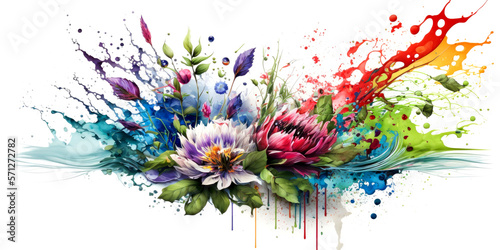 Fototapeta Naklejka Na Ścianę i Meble -  Bouquet of flowers in colorful water splashes, on white background. Abstract white background with colored floating liquids and realistic flowers. Generative AI