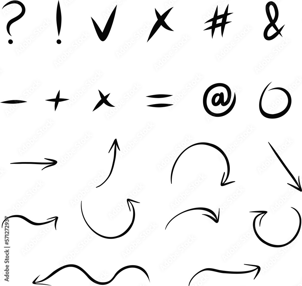 Doodle illustration arrows and design elements. Hand drawn set of icons, arrows in cartoon style