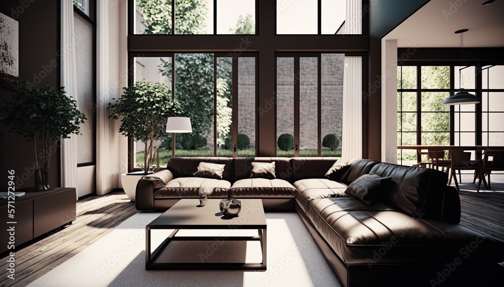 Ultra modern futuristic interior, elegant living room with leather cozy sofa