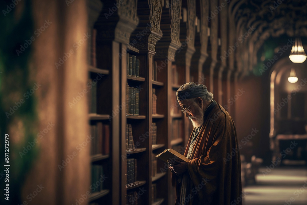 Muslim intellectual reading a book in the scientific library, generative ai